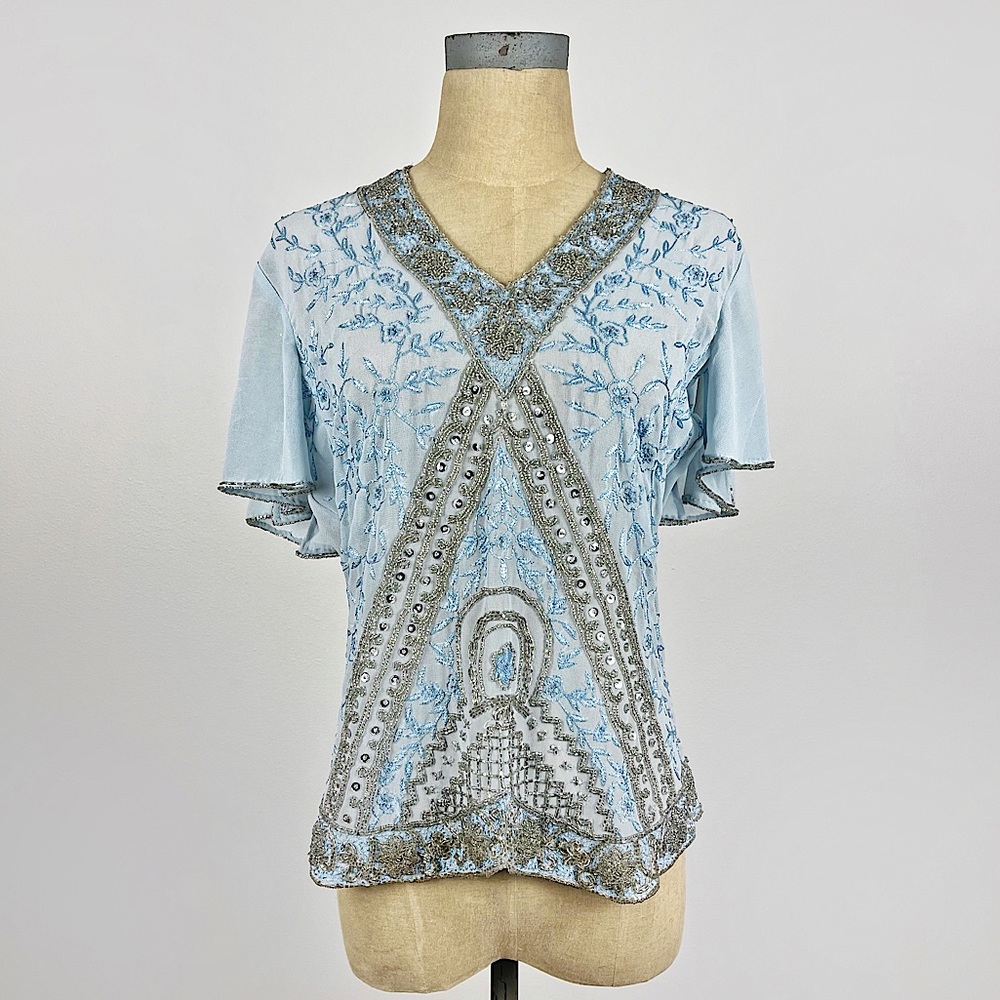 Together Art Deco Beaded Top Blue Silver Short Sleeve V-Neck